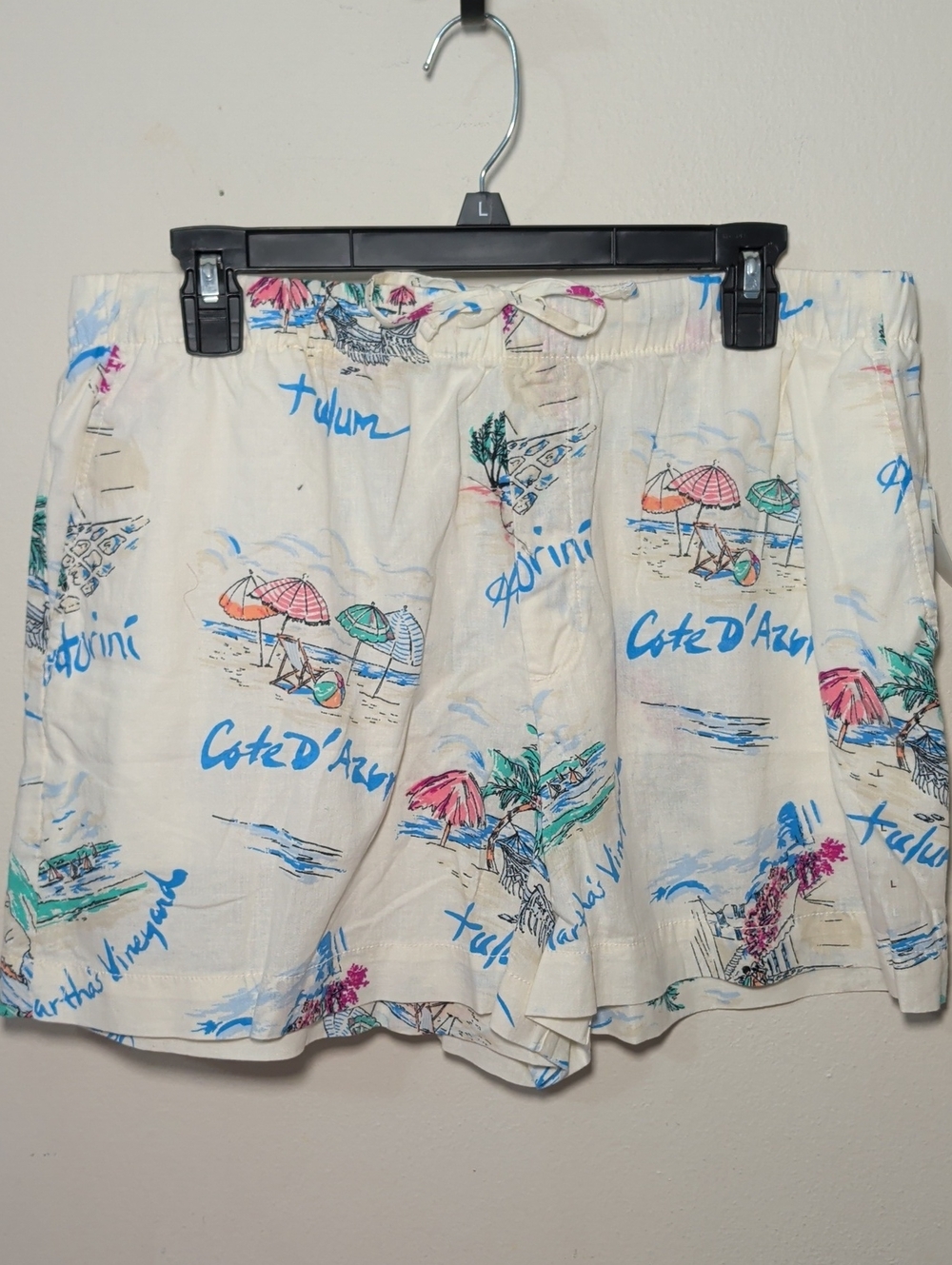 Gap Linen-Blend 4" Easy Pull on Shorts Vacationland Print White Blue New Size L